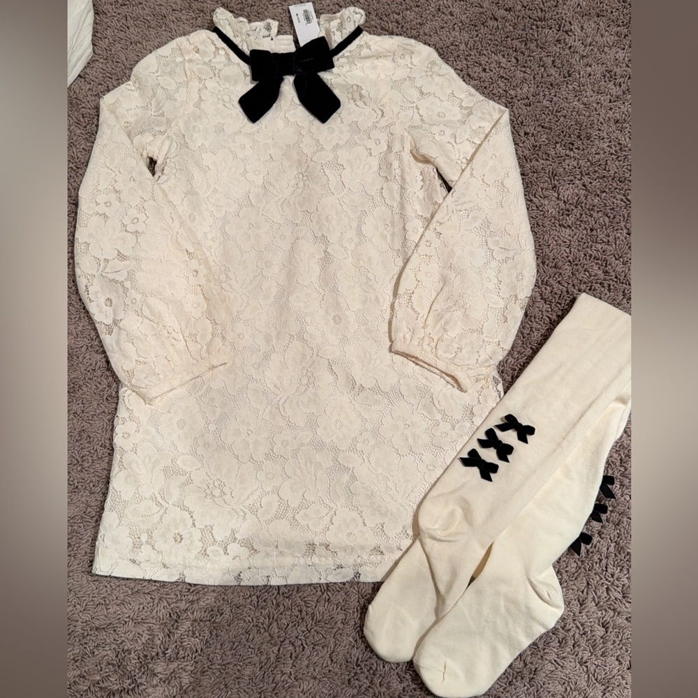Janie & Jack new ivory long sleeve lace dress velvet bow 10 bow tights 10-12